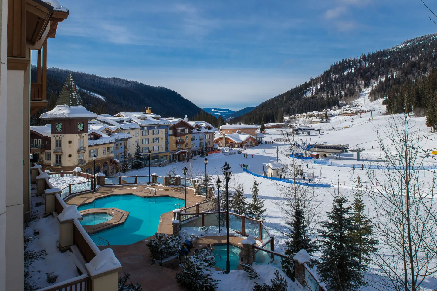 A view of a ski resort hotel