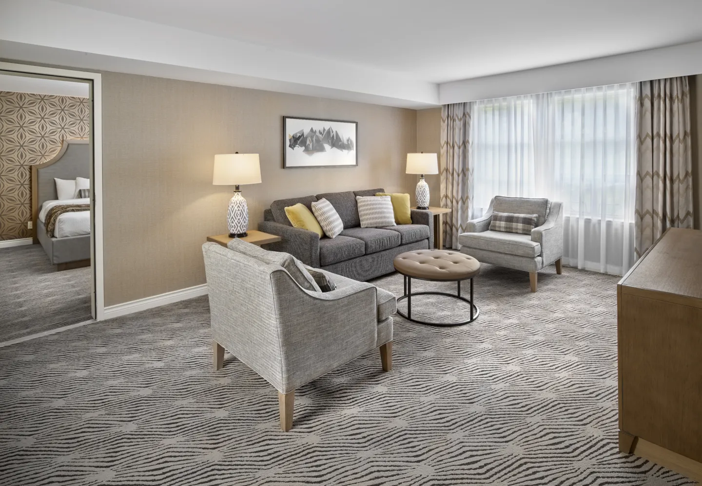 A deluxe hotel suite living area