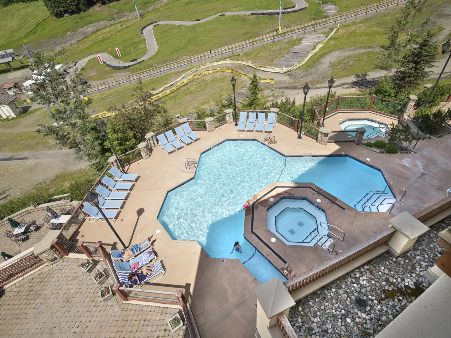 An aerial view of a hotel pool