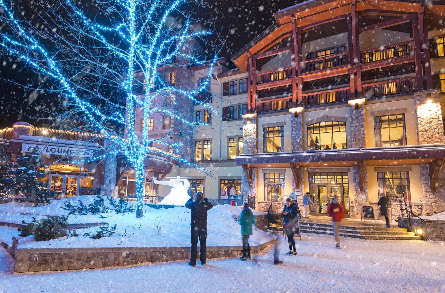 A view of a hotel entrance in winter at night, surrounded by snow and twinkly lights