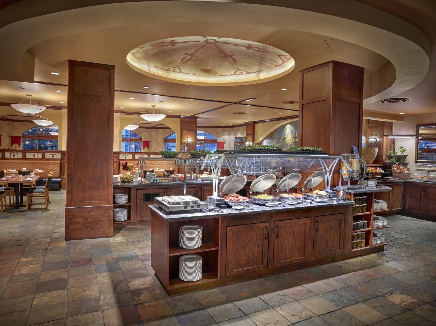 View of a grand dining hall and buffet