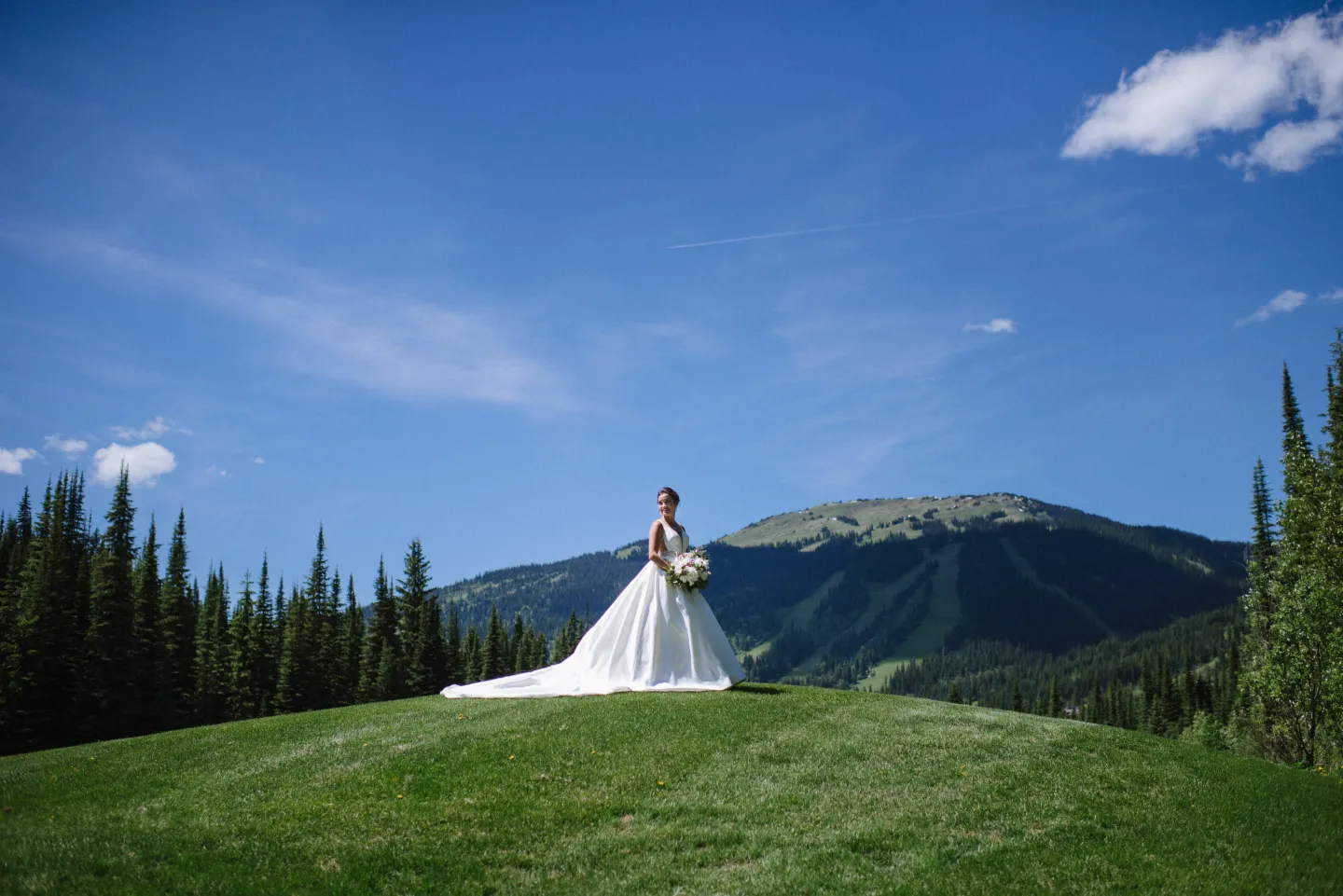 A bride stands on a grassy hill with a mountain and trees in the background