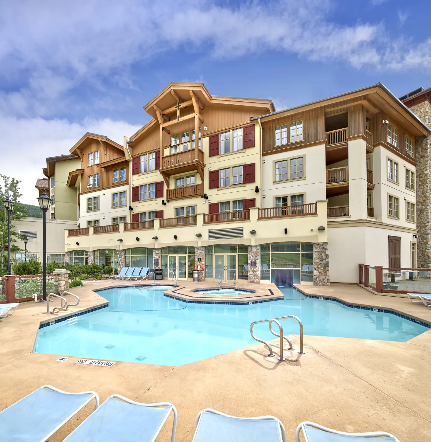 A view of a hotel outdoor pool
