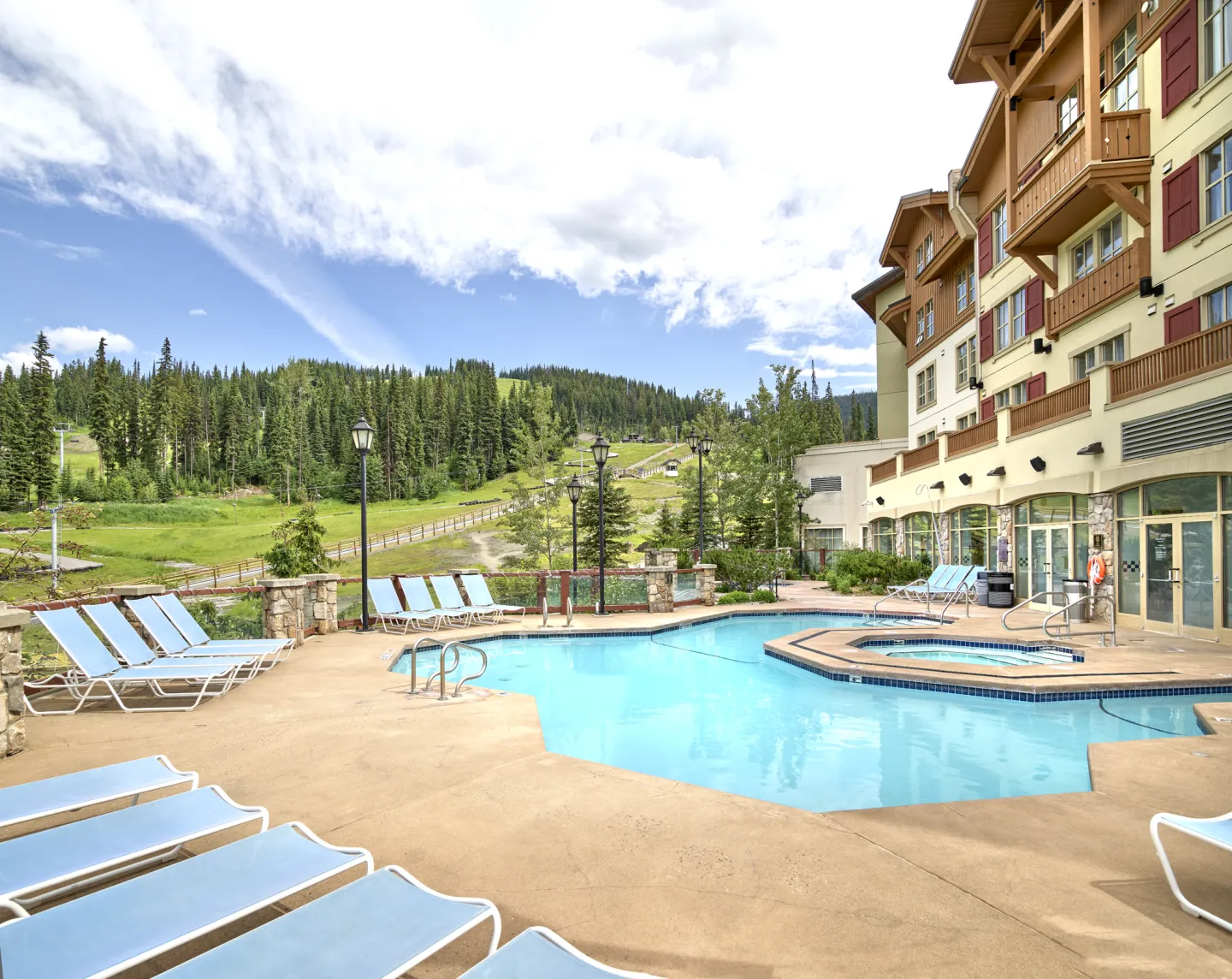 A view of a hotel outdoor pool