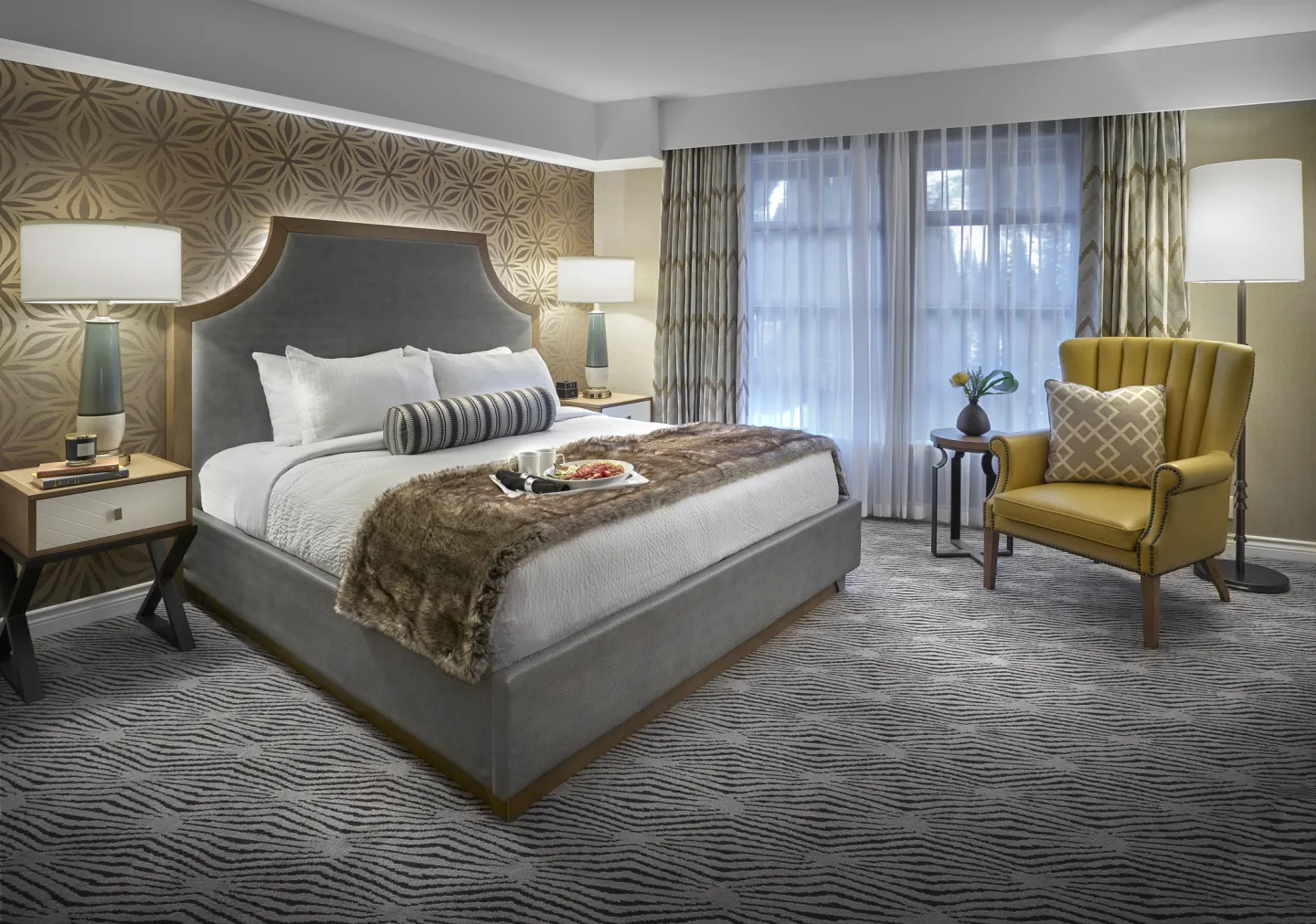 Kitchenette room with plush king bed