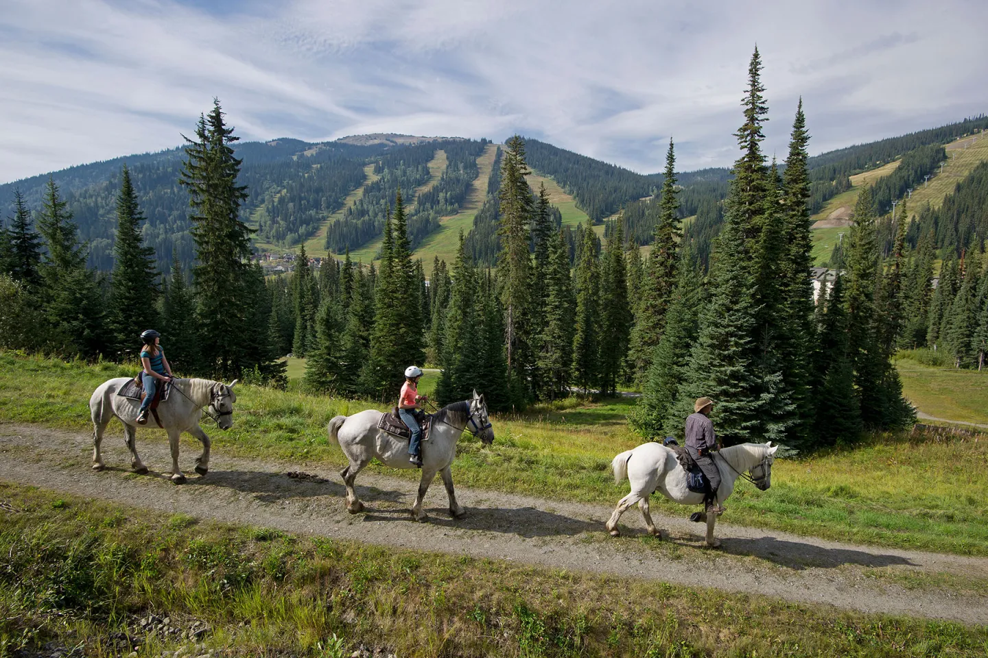 Family riding horses on a trail