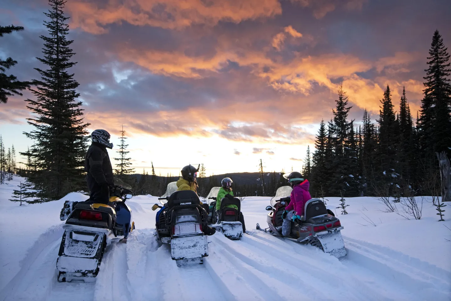 Four people snowmobiling with a sunset view