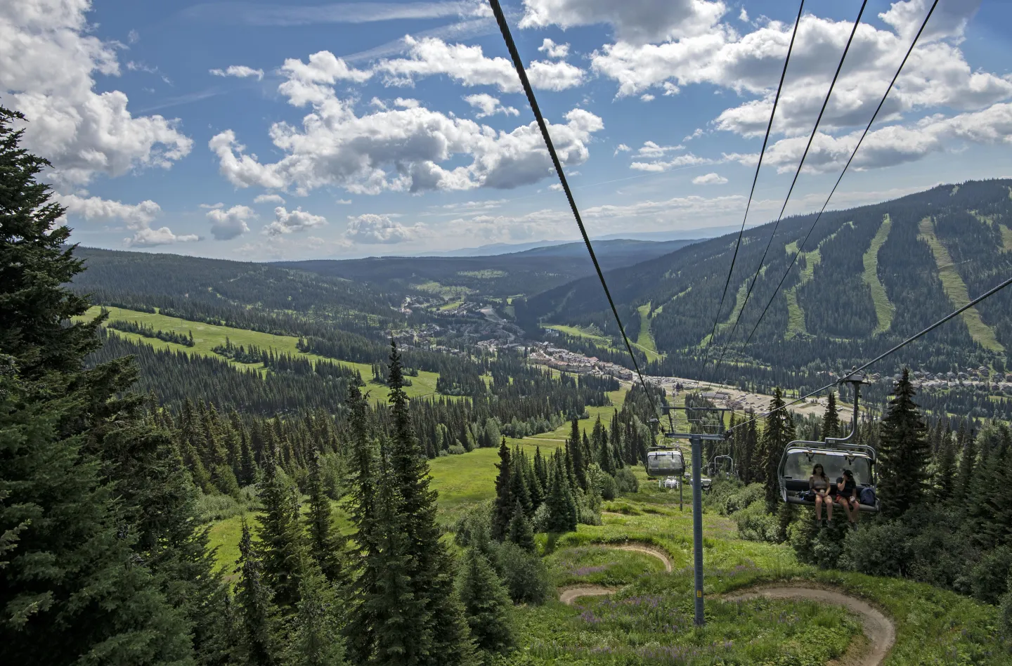view from the chairlift of the village and Morrisey side of the mountain with greenery