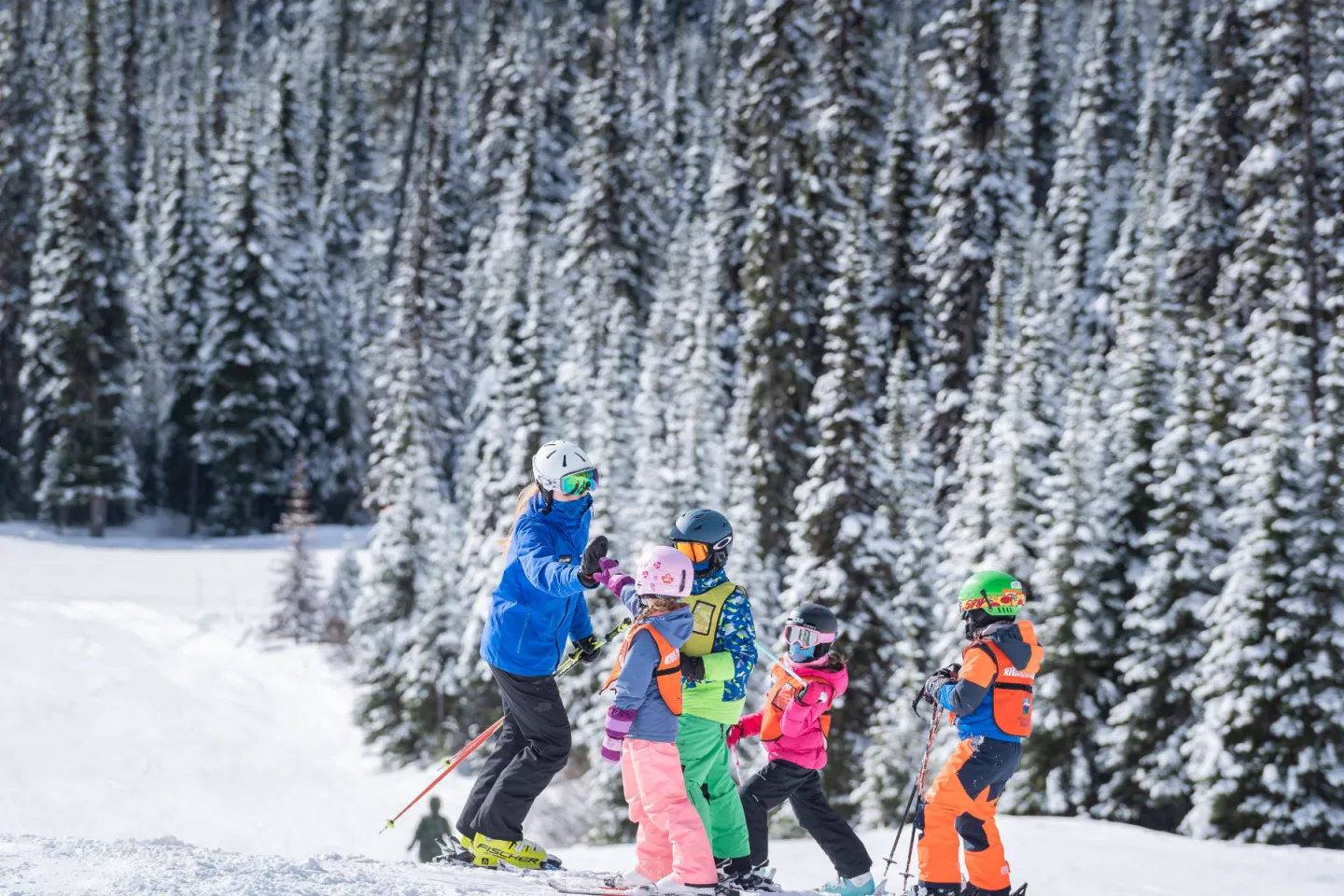 Kids skiing through a trail with trees around them