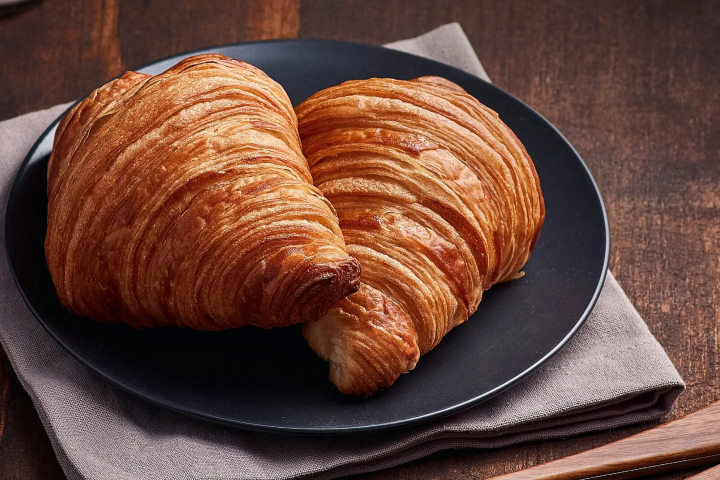Two croissants on a black plate, resting on a brown napkin.