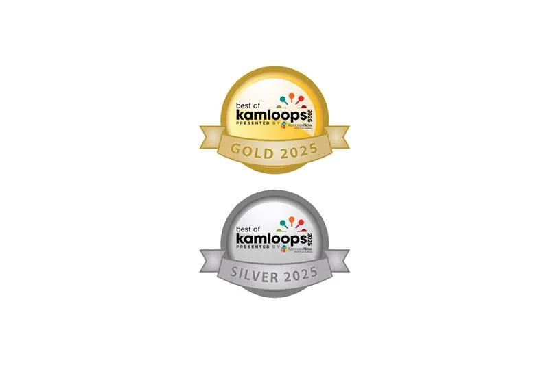 Gold and silver award badges reading "Best of Kamloops with year 2025"
