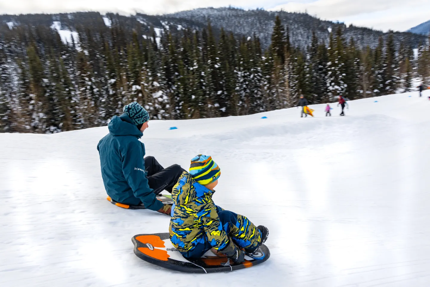 Child and adult sledding down a snowy hill with pine trees in the background.