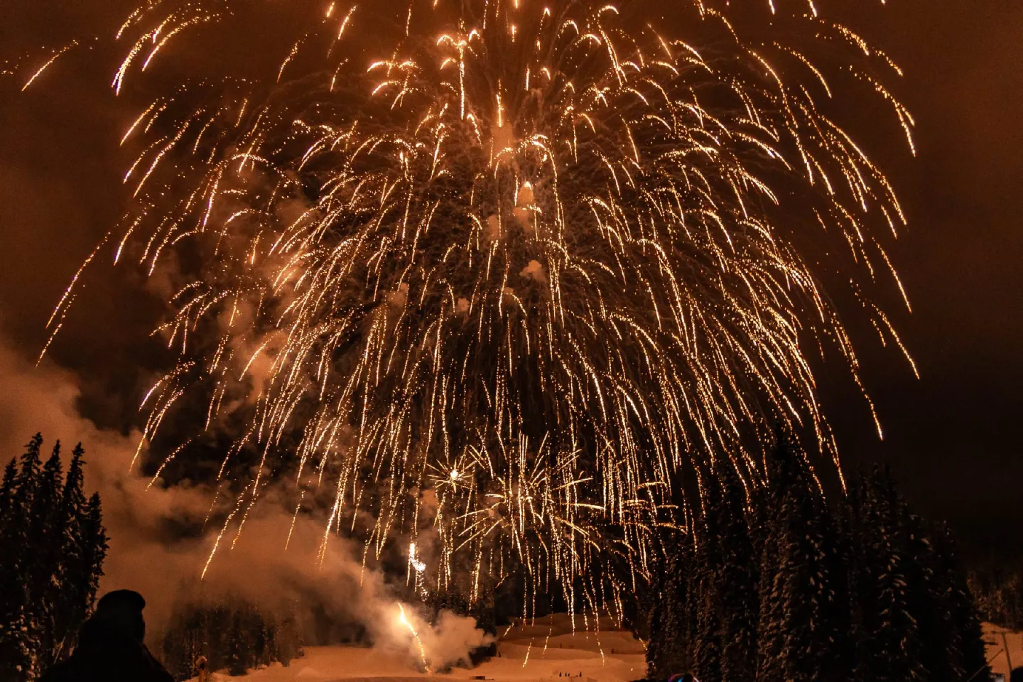 Fireworks illuminate a snowy landscape at night.