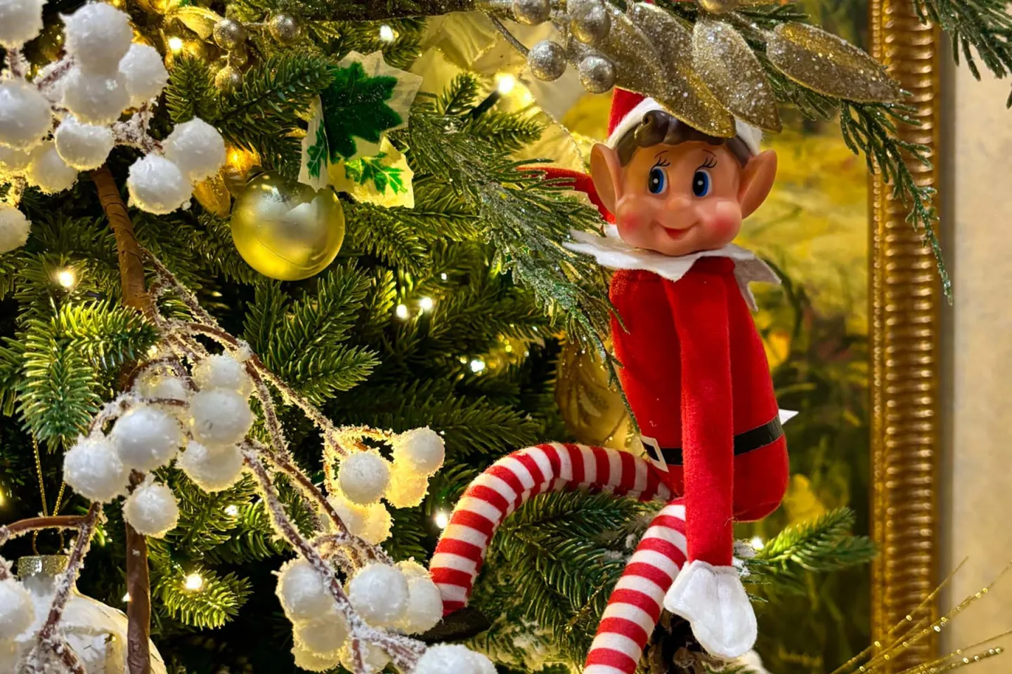 Elf doll with striped legs sits on a decorated Christmas tree branch.
