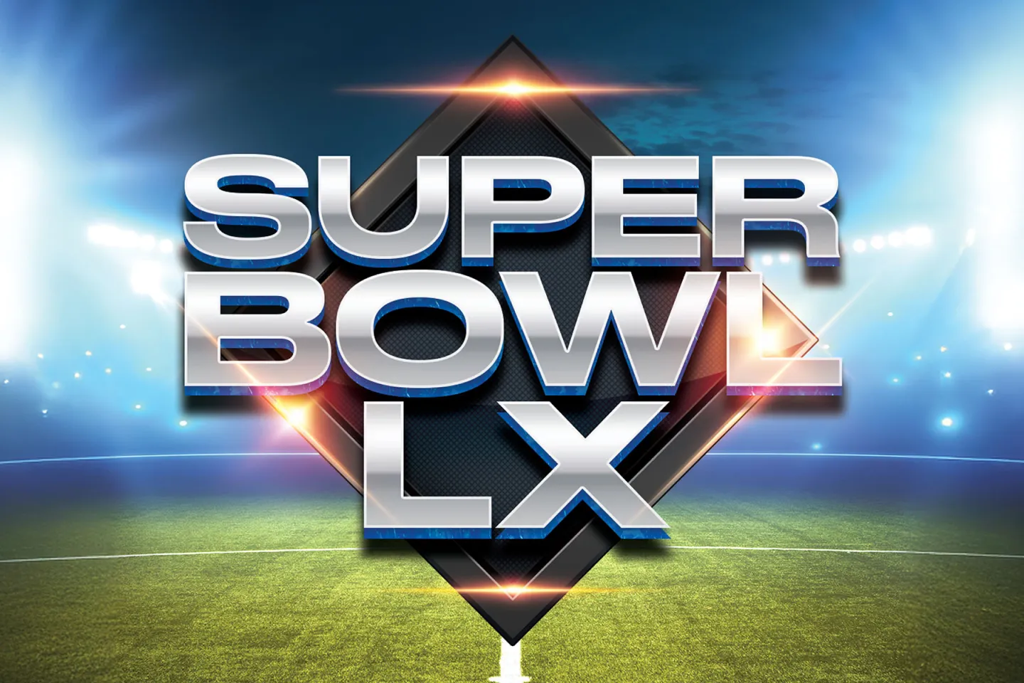 Super Bowl LX logo on a lit-up football field.