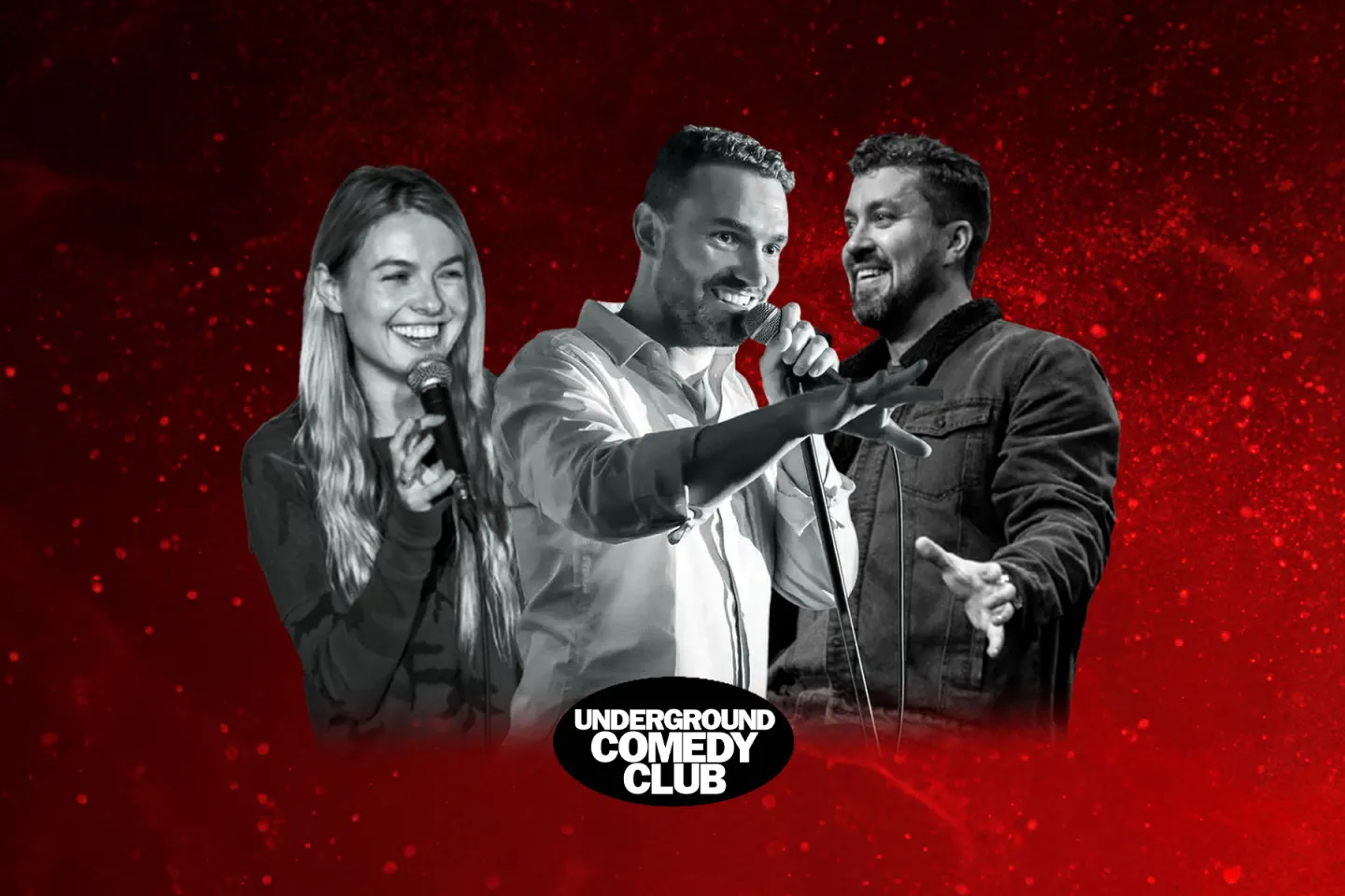 Three comedians perform on stage with red background.