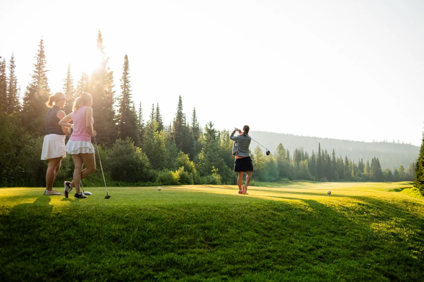 Golfers on a sunlit green surrounded by trees.