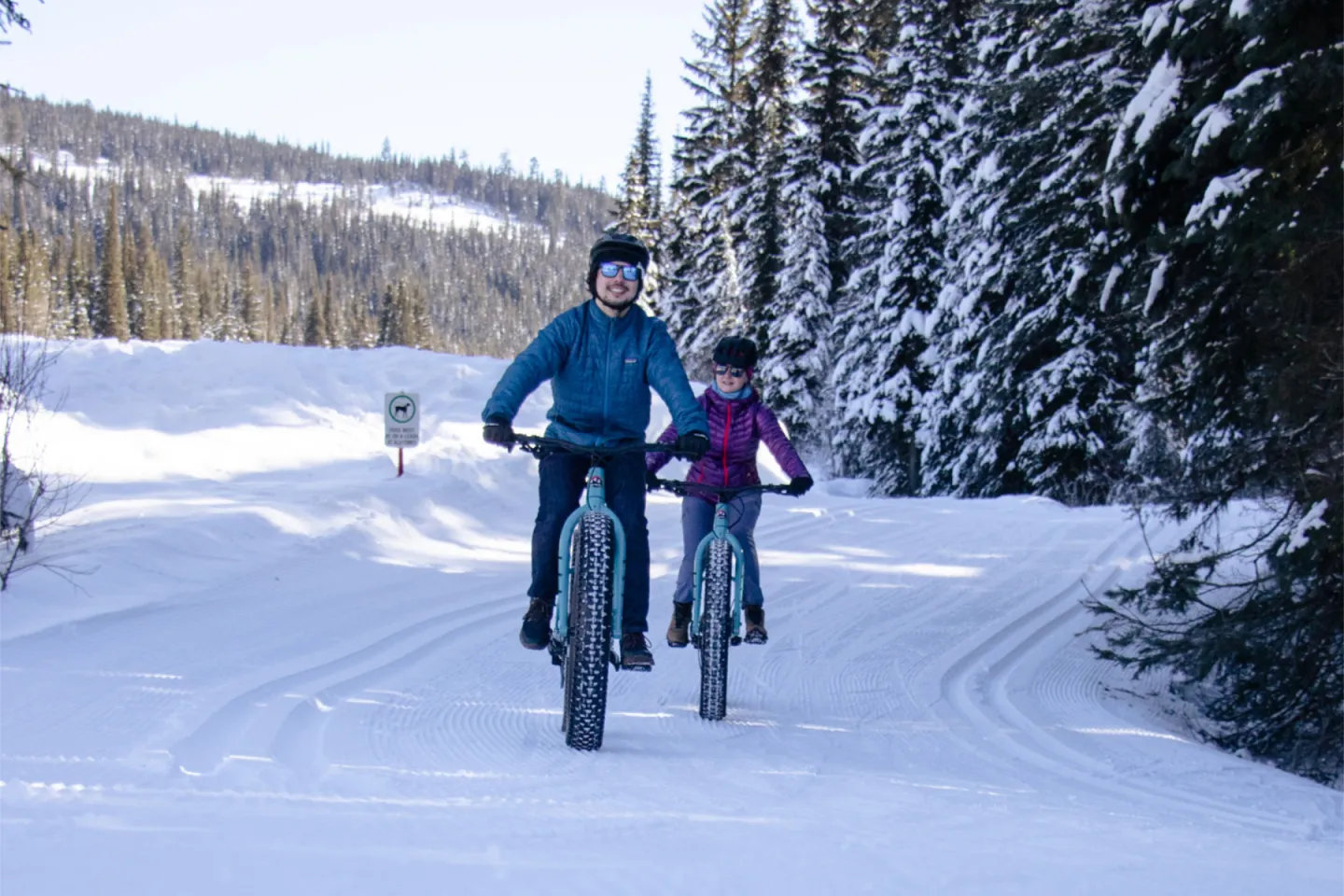 Two cyclists ride mountain bikes along a snowy forest trail.