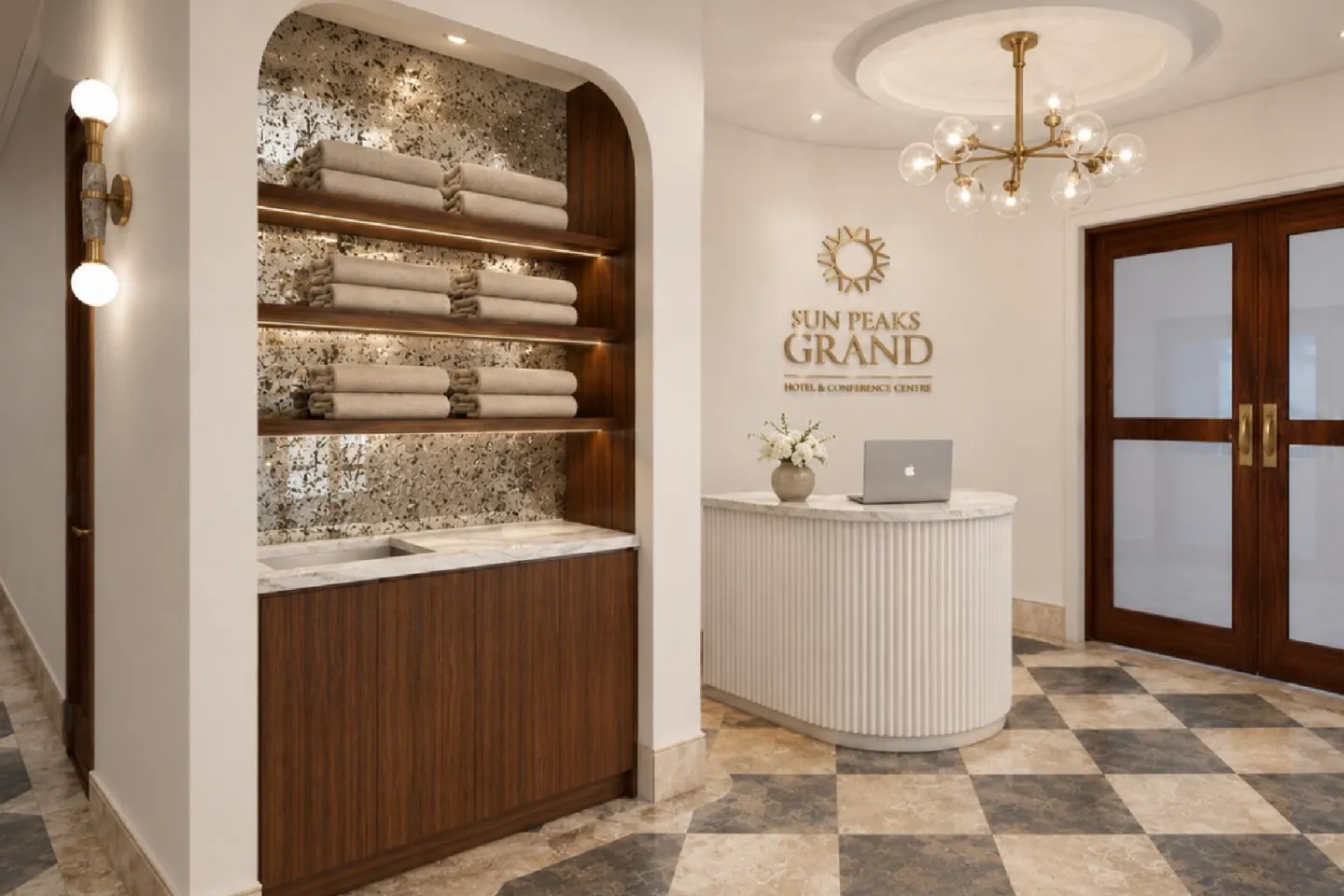 Elegant hotel reception with marble desk, chandelier, and checkered tile floor